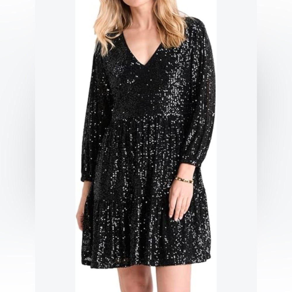 Vineyard Vines Black Sequin Tiered Dress | Long Sleeve Party Cocktail Holiday xs
